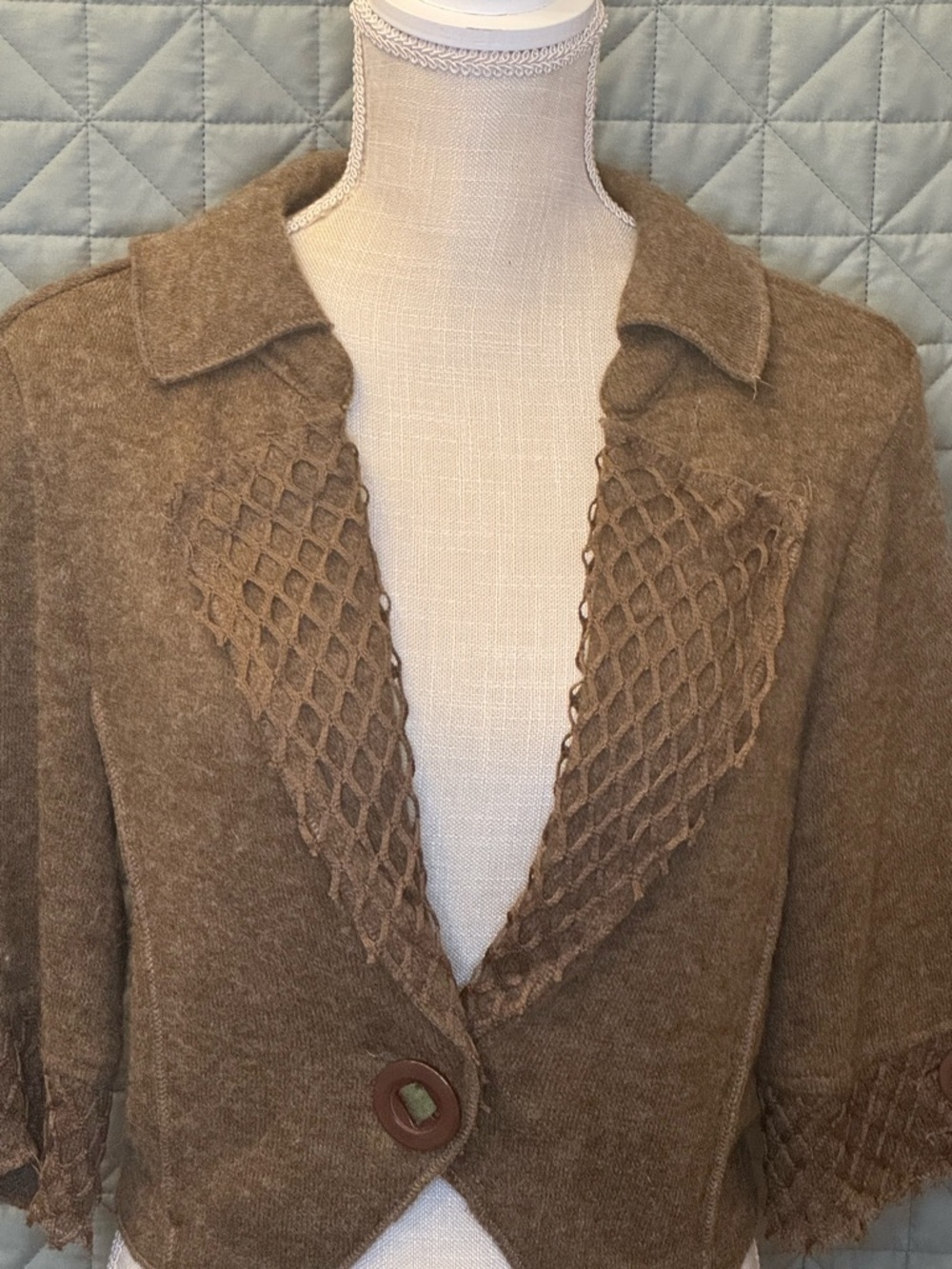 Vintage Pretty Angel Fashion Brown Lattice Lapel Women's Sweater - Picture 3 of 8